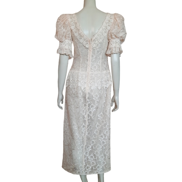 Vintage Early 90s Sheer Lace Dress size Small Puff Sleeve Drop Waist Unlined - Picture 8 of 9